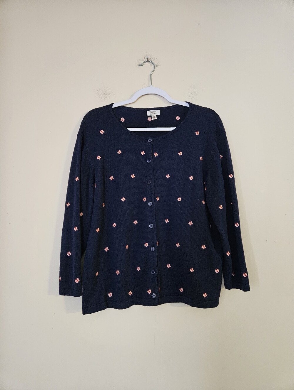 Baxter & Wells Navy Blue Button-Front Sweater with Butterfly Pattern, Size XL